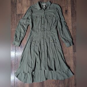 Matilda Jane Camo Green Button Down High Low Flare Dress 100% Rayon Size Small